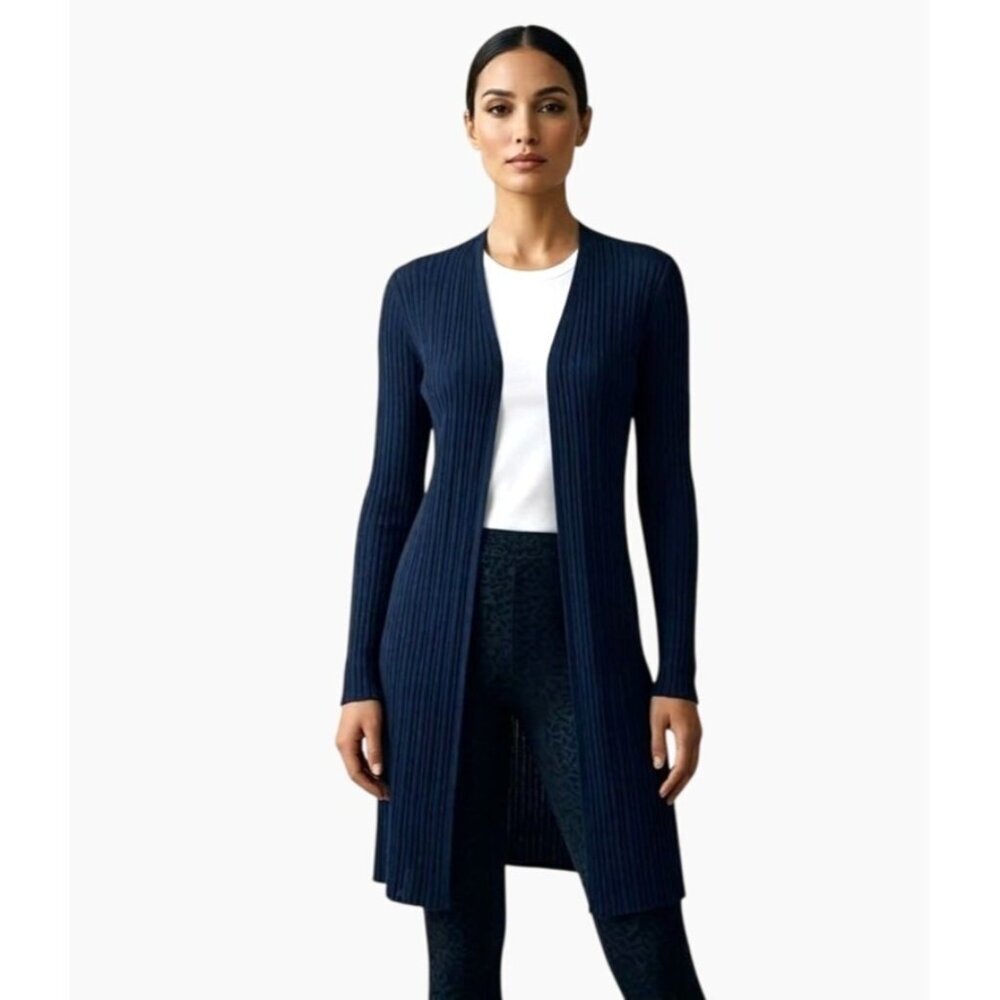 Eileen Fisher Long Cardigan‎ M Navy Organic Linen Open Front Flowy Old Money